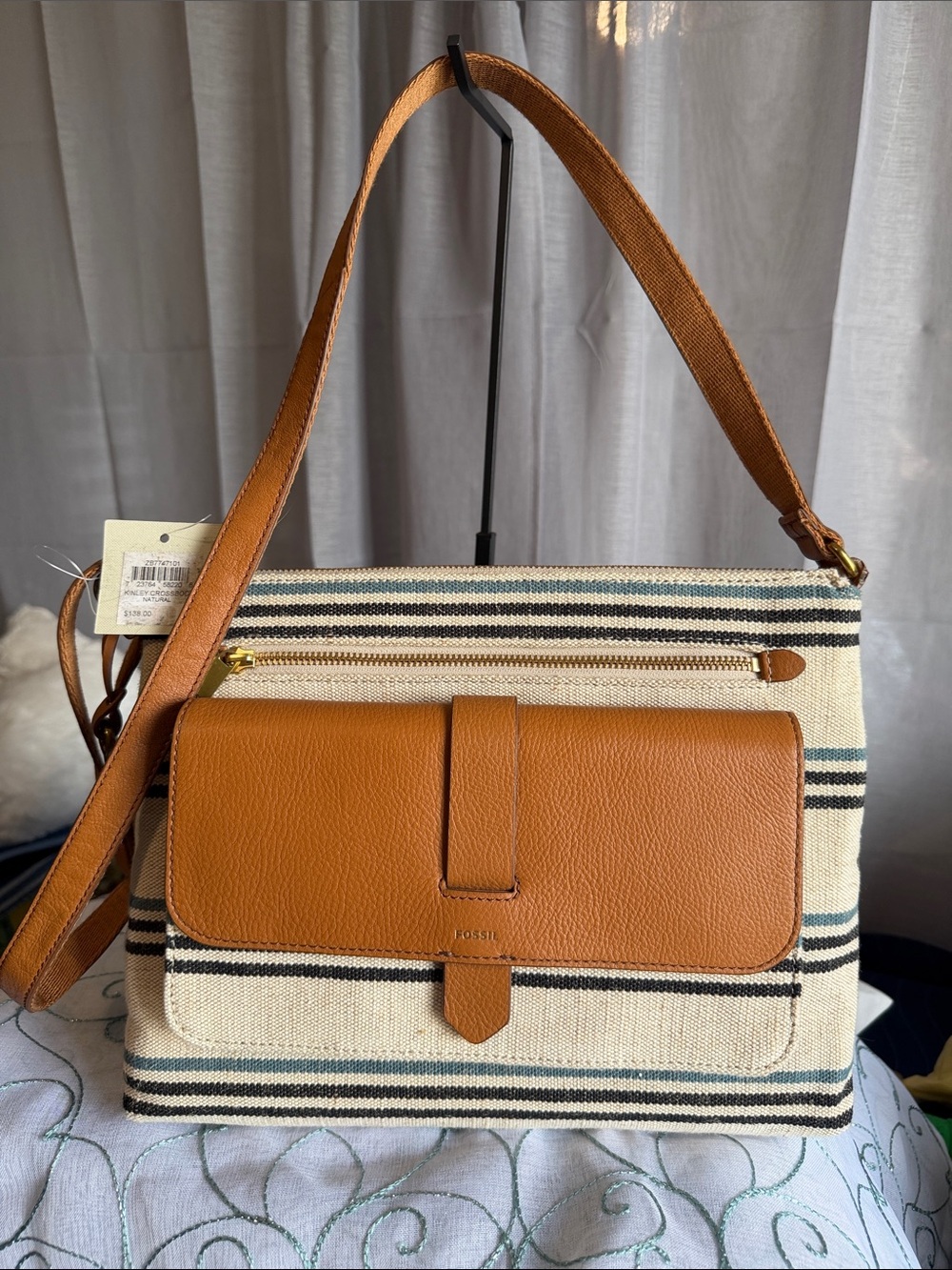 Fossil Tan Leather & Cream Striped Canvas Shoulder Bag